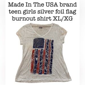 Made In The USA brand teen girls 15-17 silver foil flag burnout shirt XL/XG